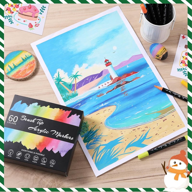 TOSHARE 60 Colors Acrylic Paint Markers - Waterproof Dual Tip Acrylic Paint Pens with Brush & Fine Tip Professional Marker Set Scrapbook Markers for Paper Rock Wood Fabric Glass Ceramic and DIY Crafts - Image 5
